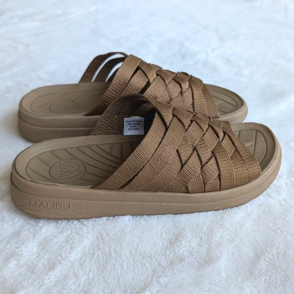 Malibu Sandals Colony Classic Woven Nylon Slides Tan Mens 8 Vegan Water Friendly